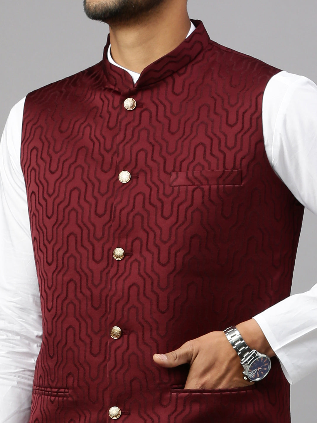 Men Printed Ethnic Jacket Dark Red JC4