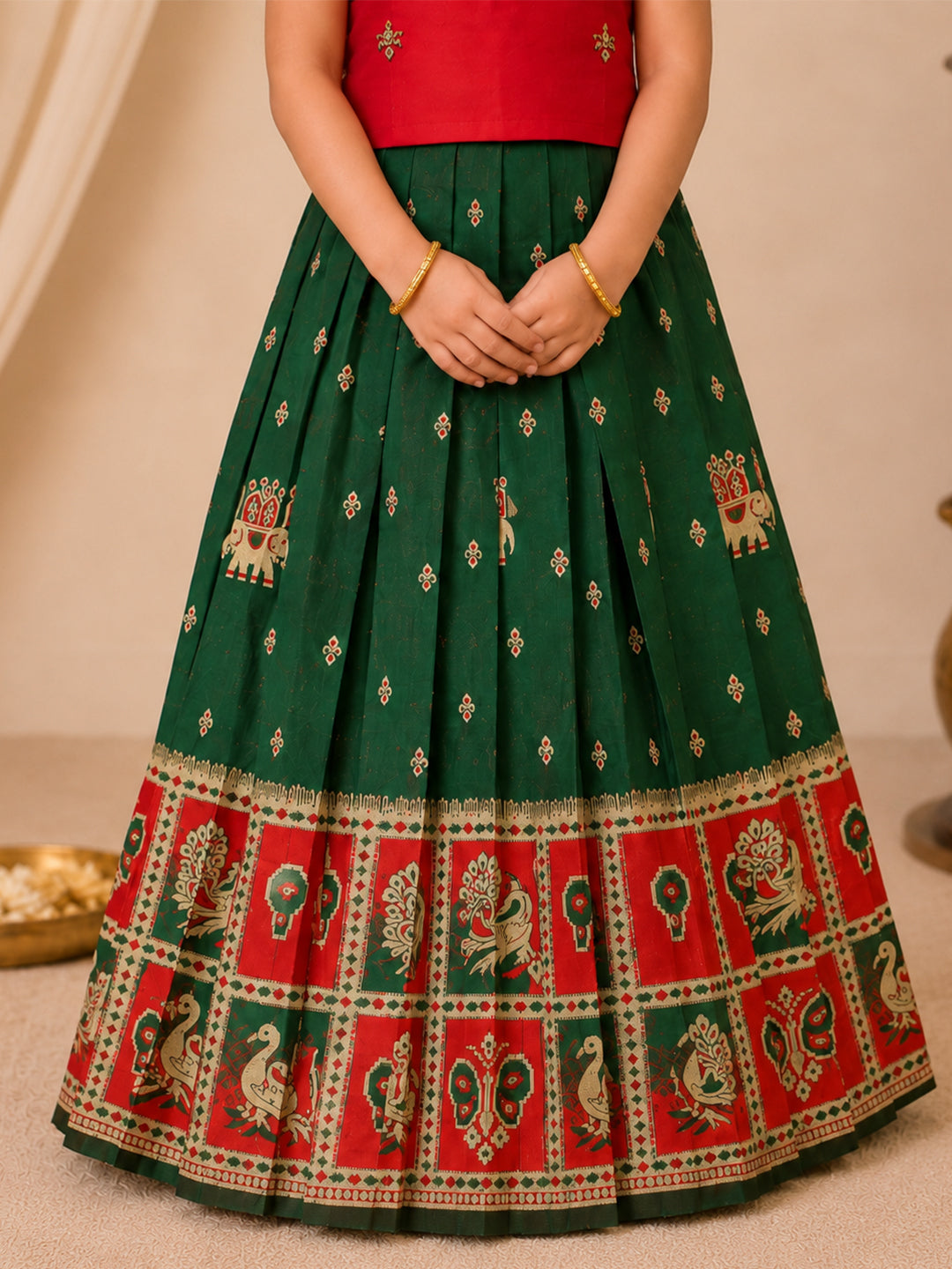 Girls Cotton Red Pattu Pavadai Set GPS41