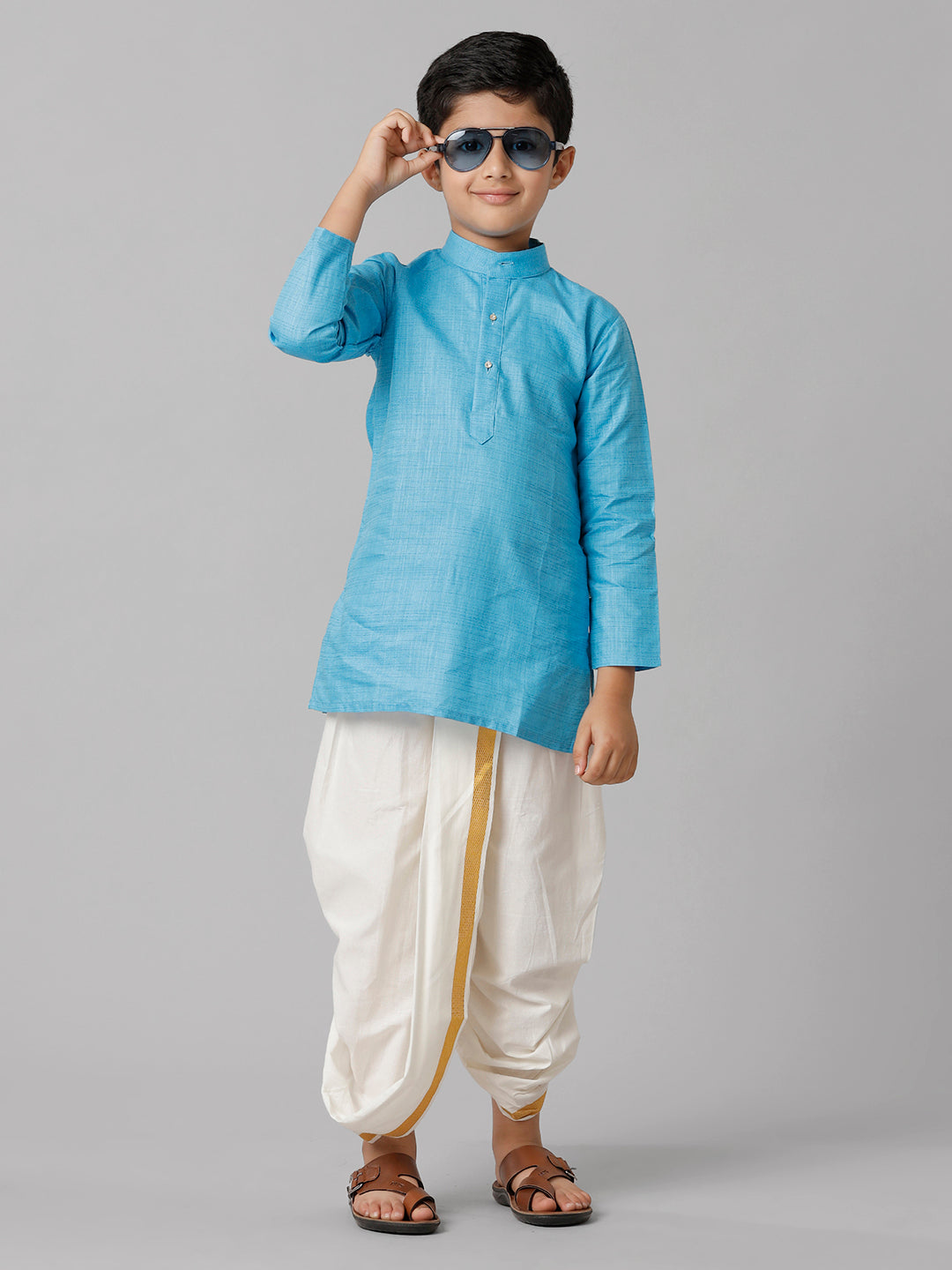 Boys Cotton Sky Blue Kurta with Cream Elastic Panchakacham Towel Combo FS4-Front view