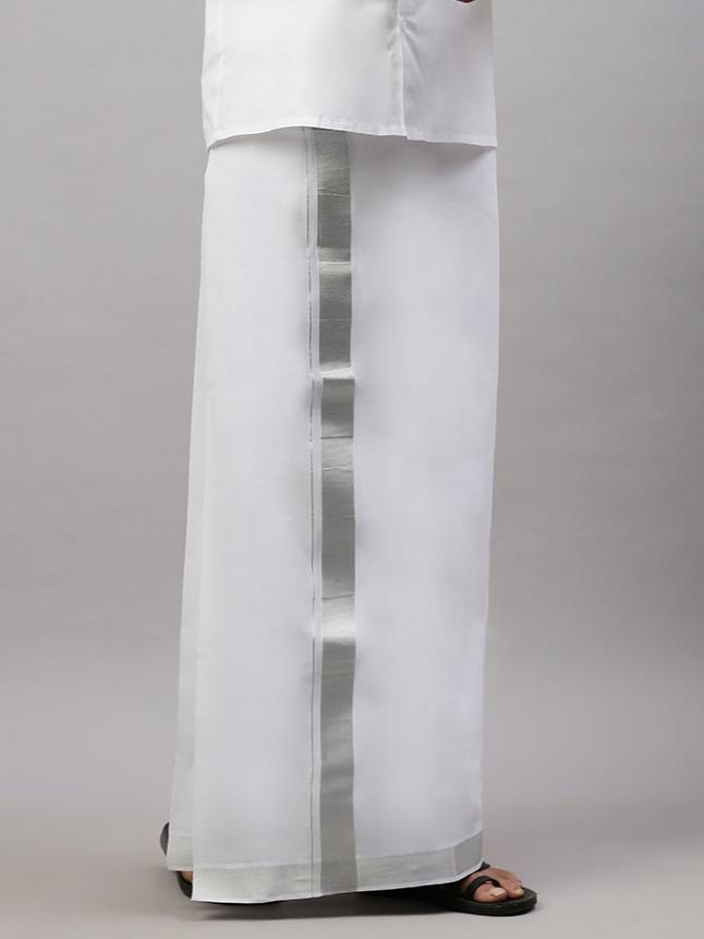 Men 100% Cotton Double Layer White Dhoti with 1 1/2"Jari Border Silver Earth