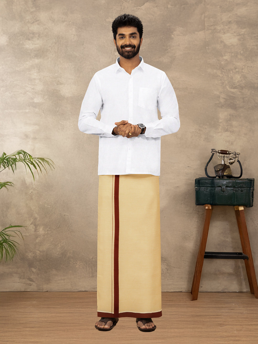 Men Cotton Blend Single Layer Gold Dhoti with Big Border Yogi Spl 2