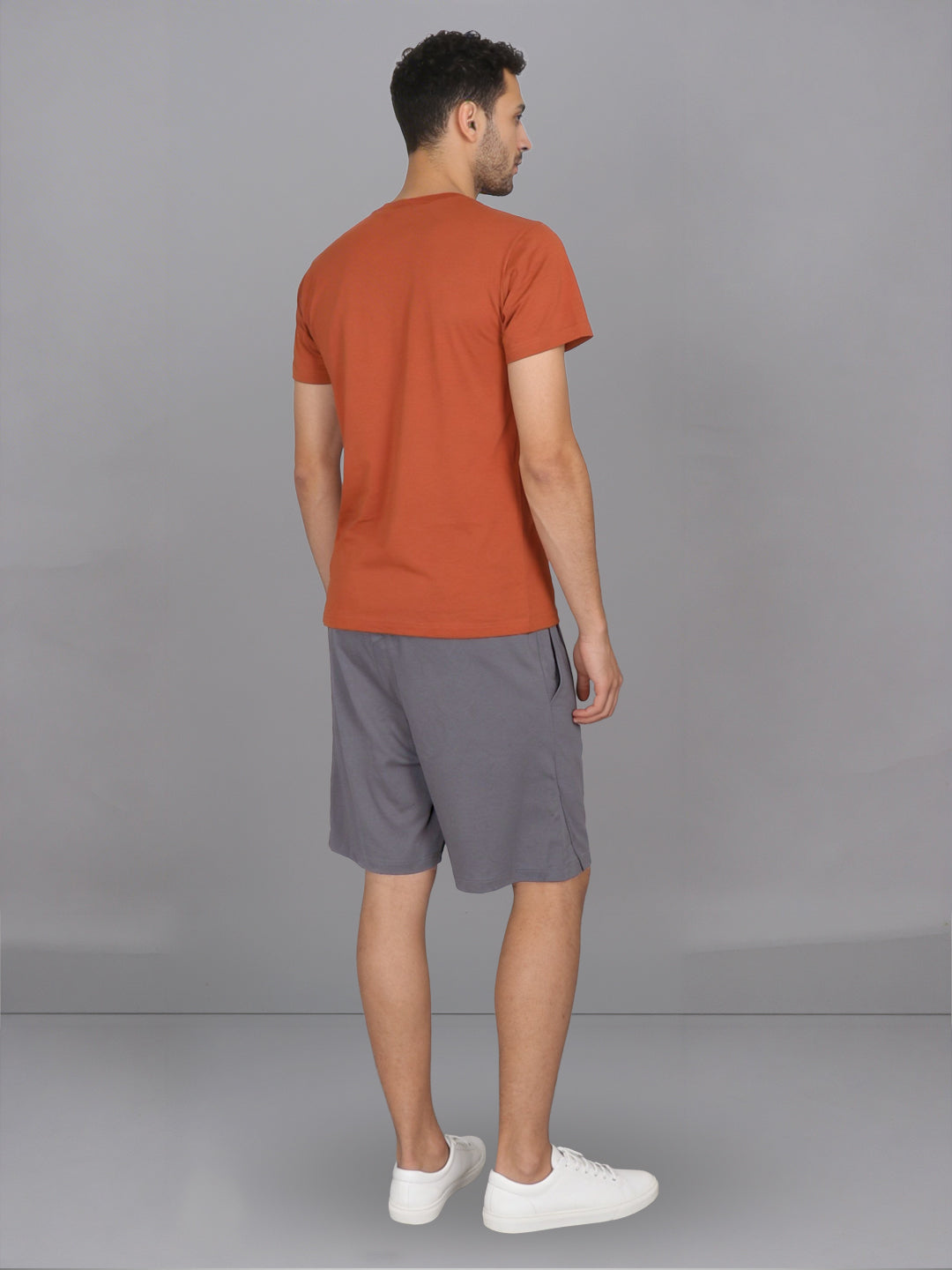 Men Orange Crew neck T-Shirt with Grey Shorts Combo ES5