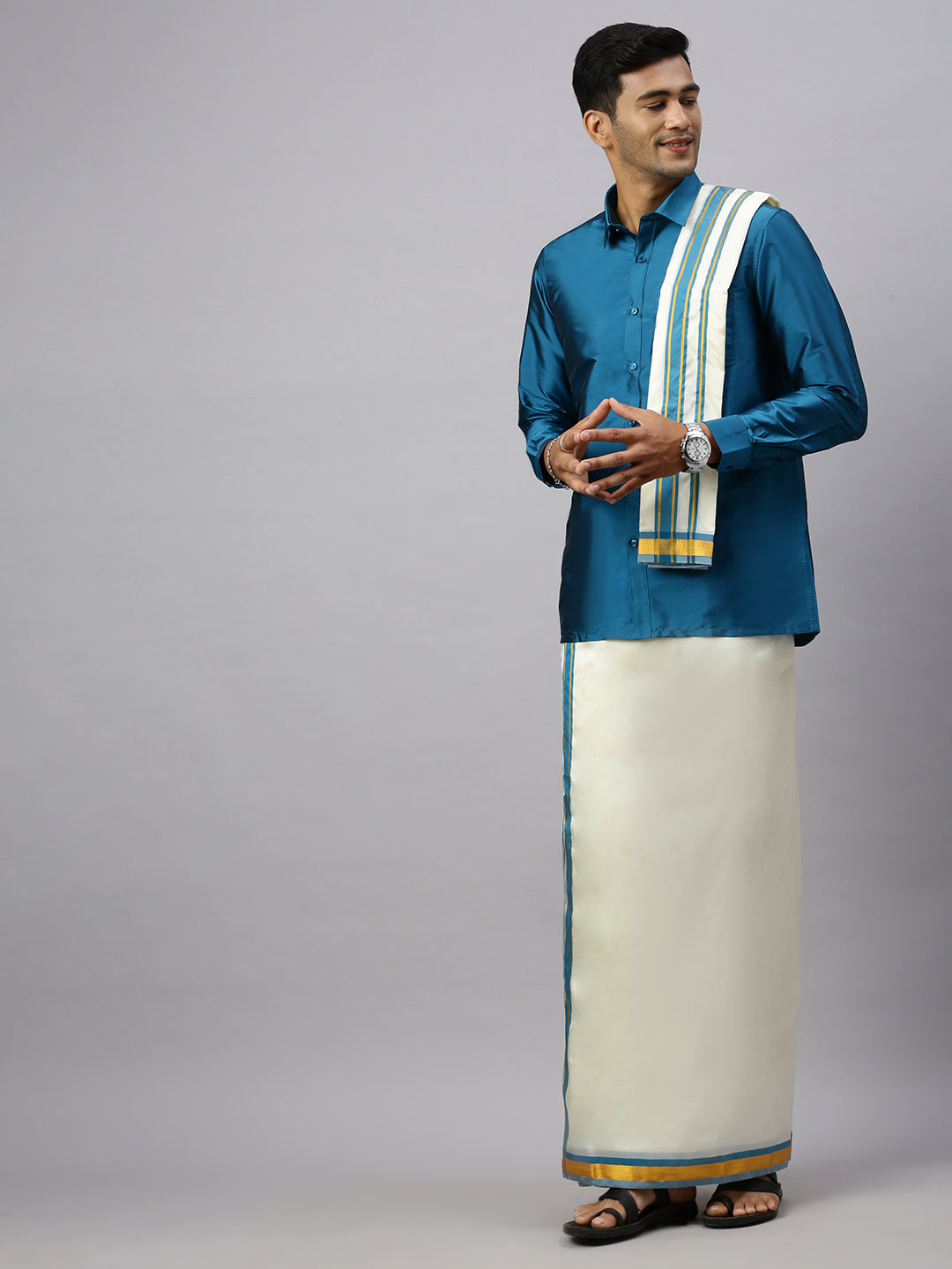 Men Full Sleeves Ramar Blue Shirt with Matching Border Cream Dhoti & Towel Set K1