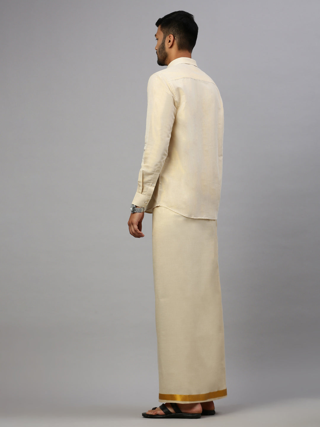 Men Gold Tissue Full Sleeves Shirt with Readymade Dhoti Combo