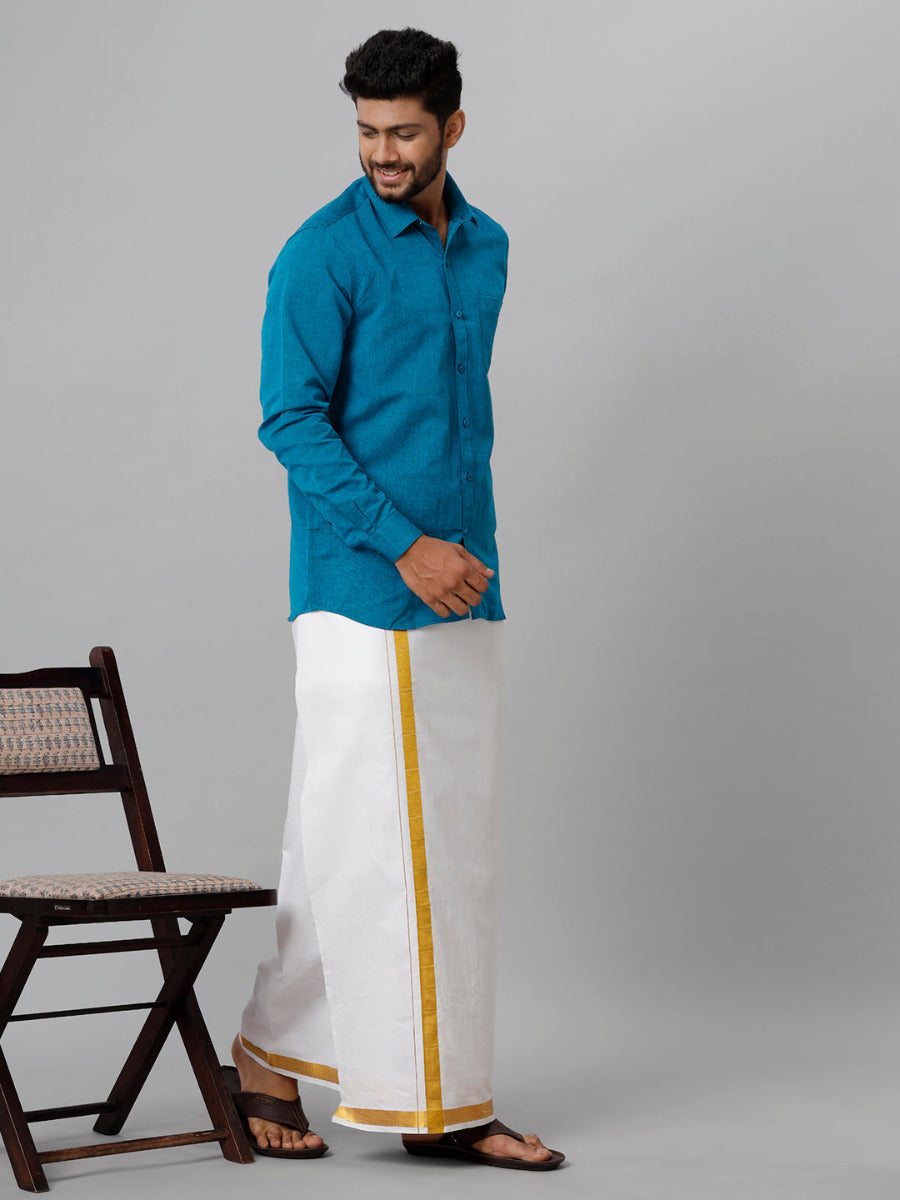 Mens Linen Cotton Formal Peacock Blue Full Sleeves Shirt LF13-Full view