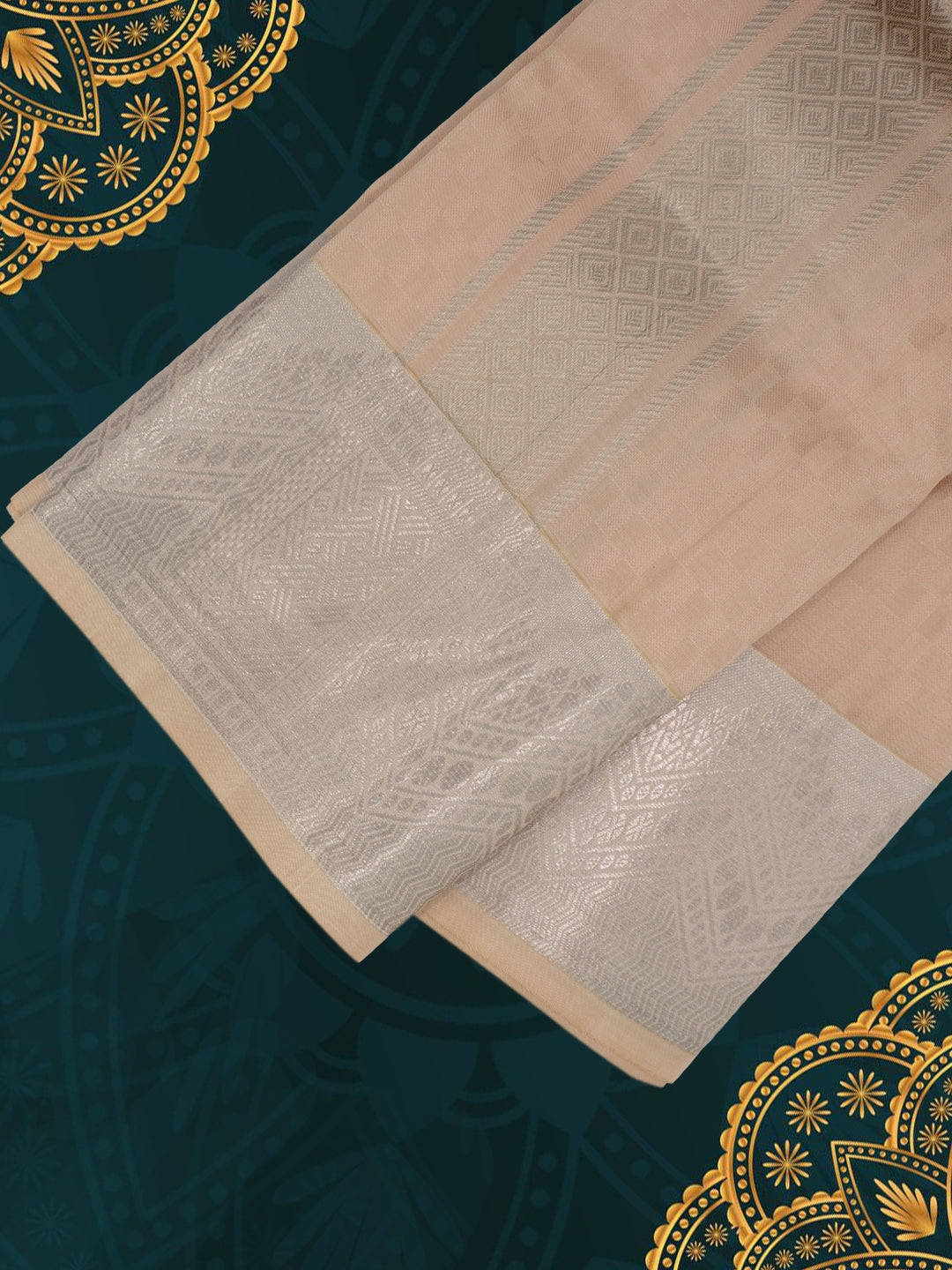 Men Pure Silk Beige Dhoti & Towel Set with 4" inch Silver Jari Border TKC12