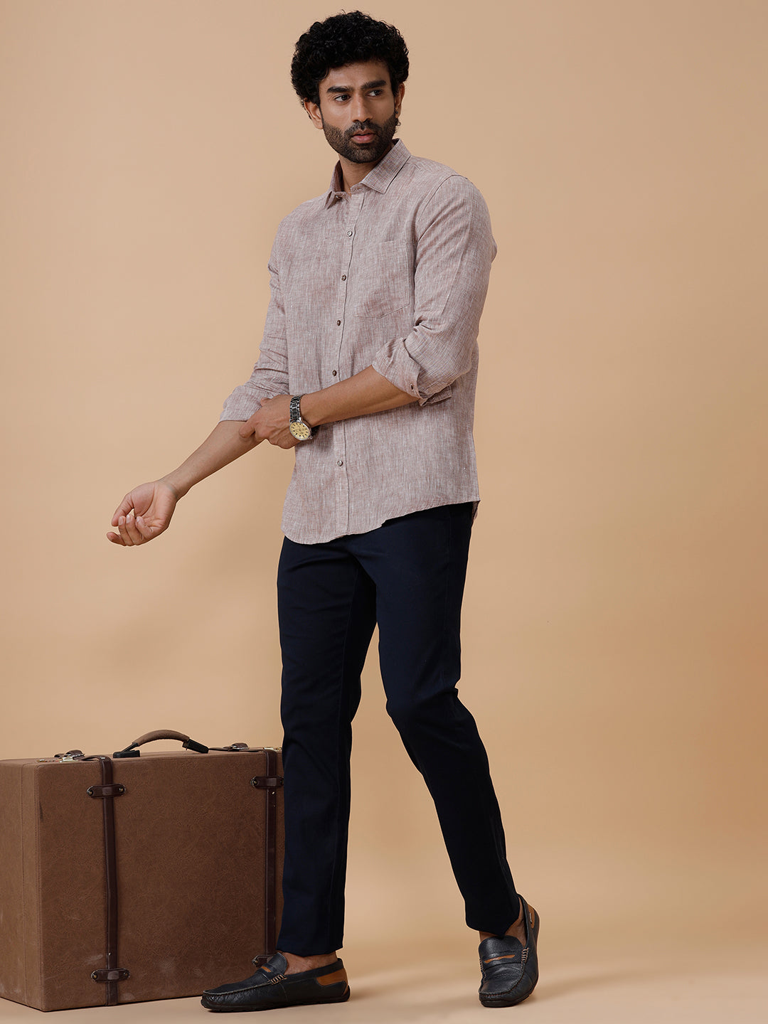 Men Pure Linen Woody Brown Shirt L49