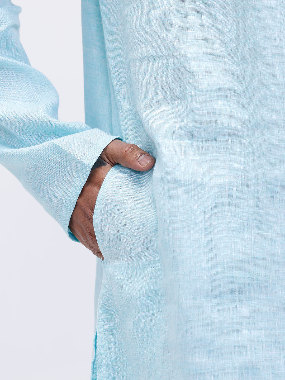 Men Pure Linen Medium Length Plain Pocket Kurta Light Mint Blue KAL4