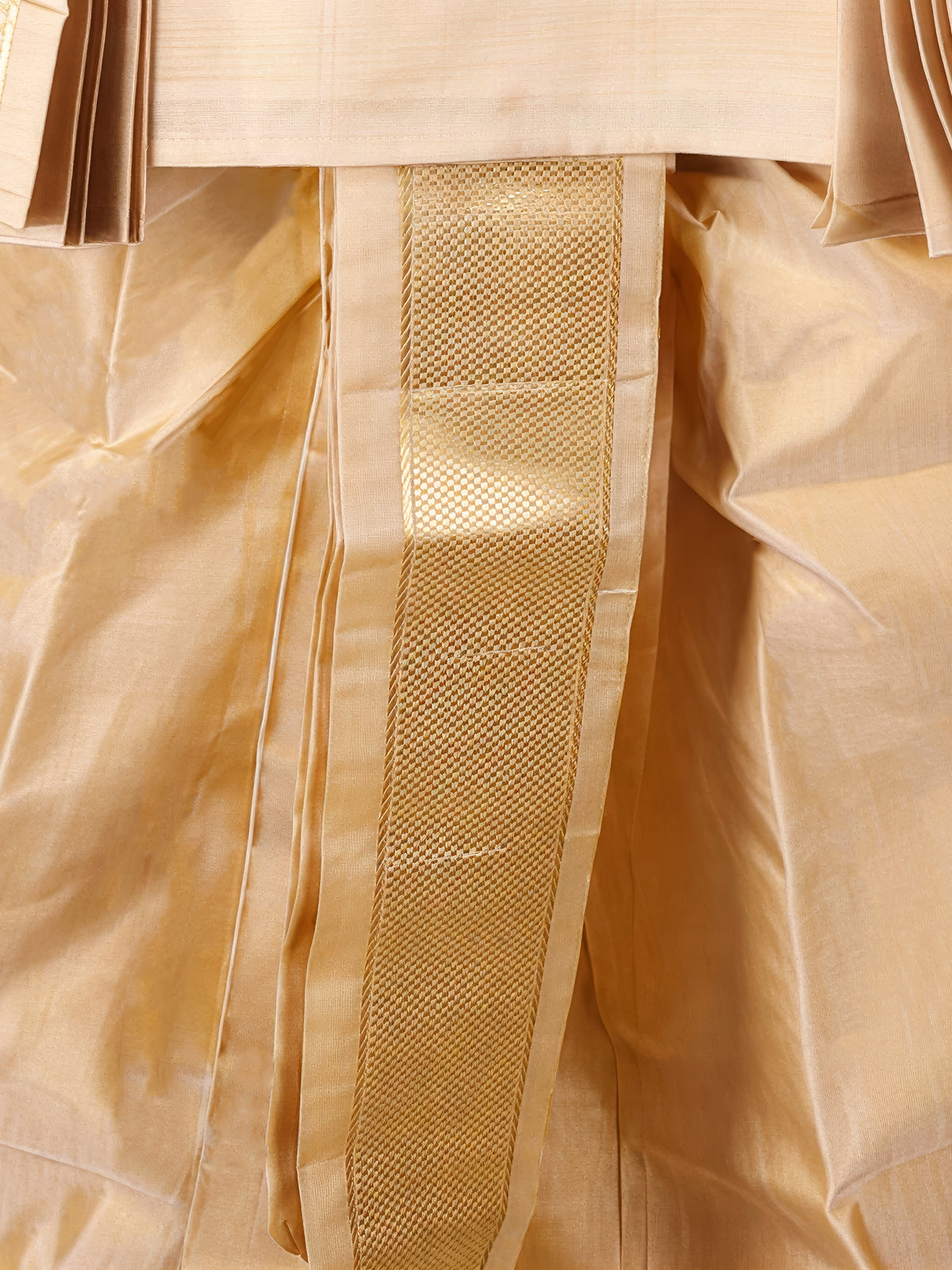 LAGNAA Premium Pure Tussar Silk Hand Embroidered Mango Sleeves Motif Kurta, Panchakacham & Angavastram set | Thanga Vaibhavam
