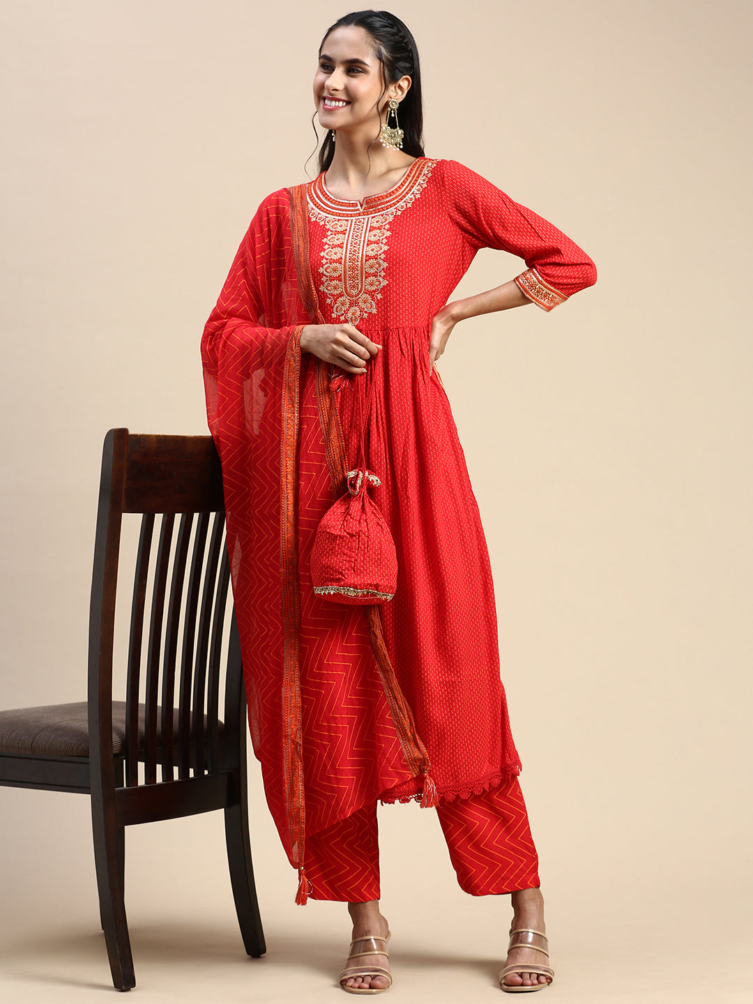 Women Cotton Red Print & Embroidered Kurti Set PKS13-Full view