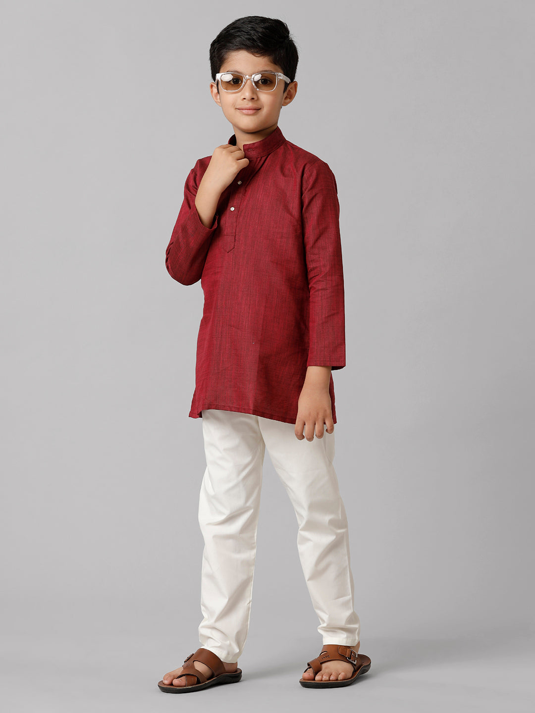 Boys Cotton Full Sleeves Maroon Kurta with Cream Pyjama Pant Combo FS7-Front view