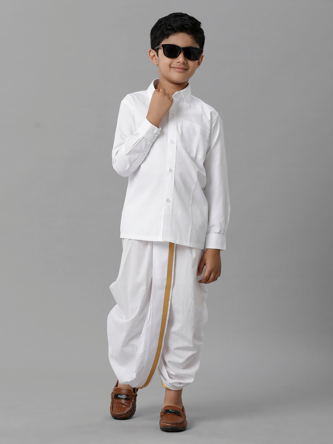 Boys Cotton White Full Sleeves Shirt Panchakacham Combo-Front view
