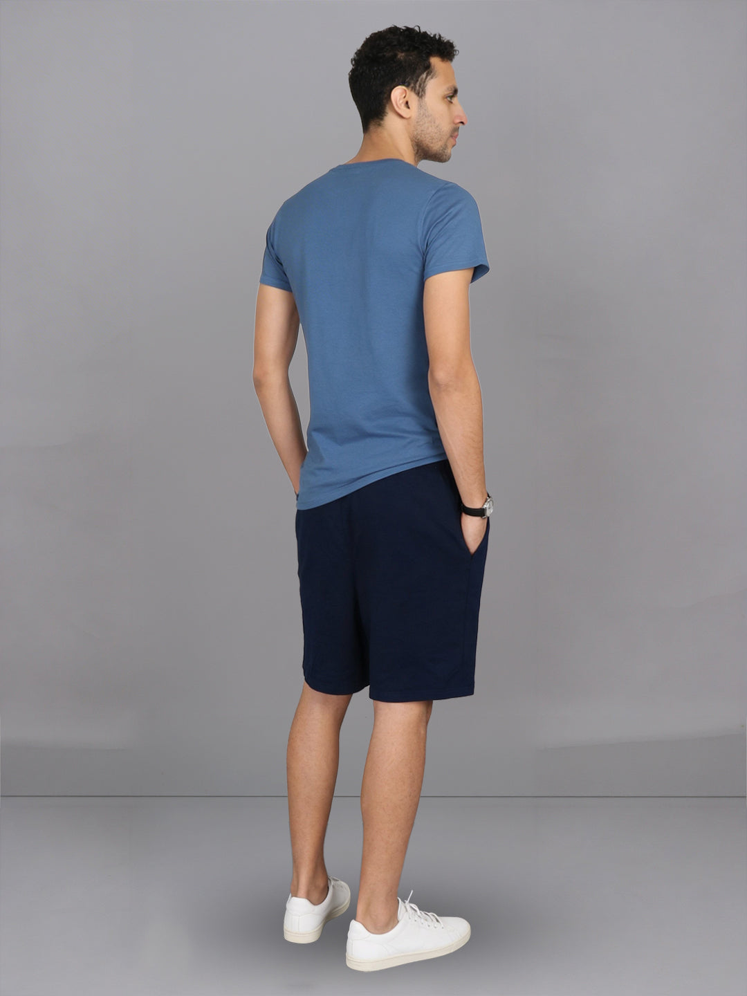 Men Petrol Blue Crew neck T-Shirt with Navy Shorts Combo ES2