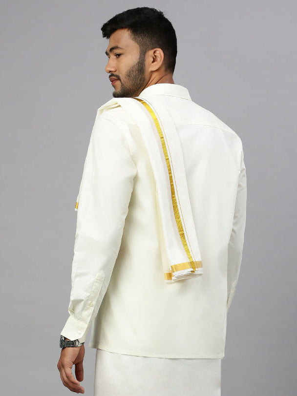 Men Cream Angavashtram Towel with 1" inch Gold Jari Border Vetha