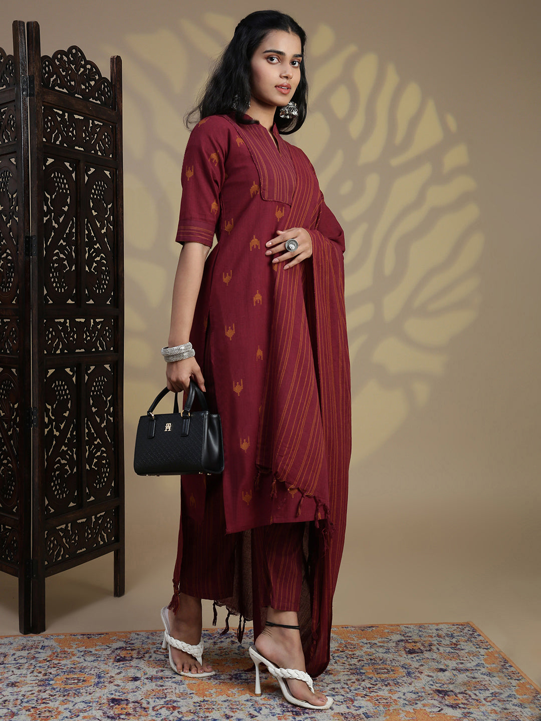 Women Cotton Maroon Stripes Design Kurti Set EKS95