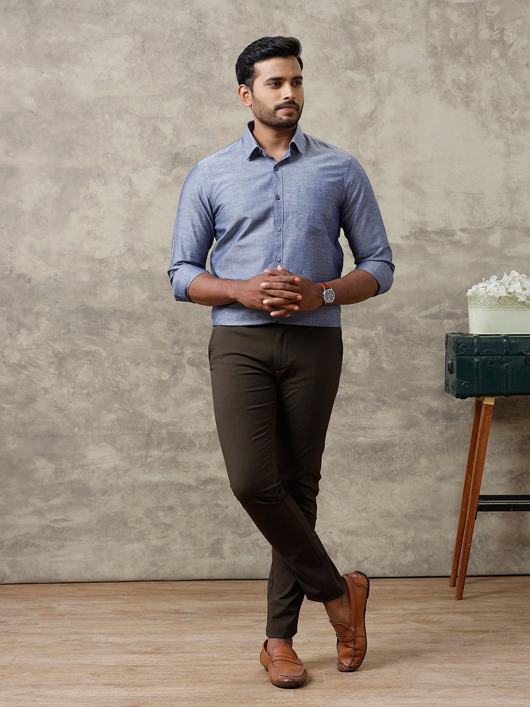 Men Linen Cotton Shirt Grey Blue LF6