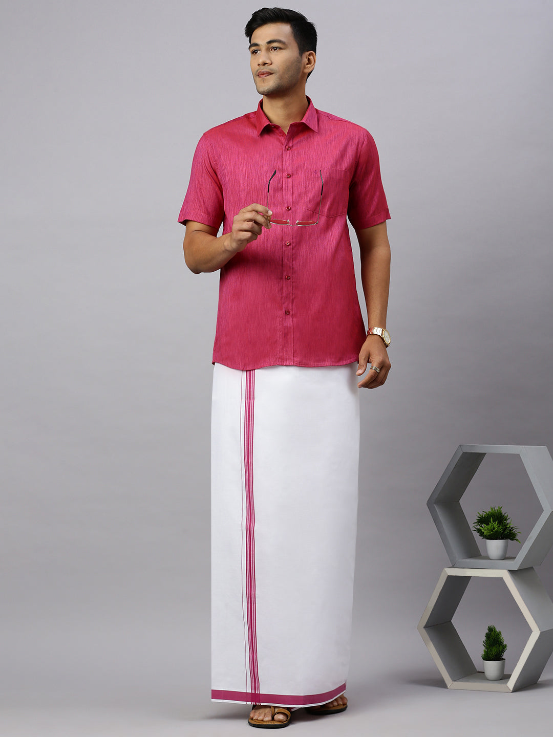 Mens Magenta Matching Border Dhoti & Half Sleeves Shirt Set CV2