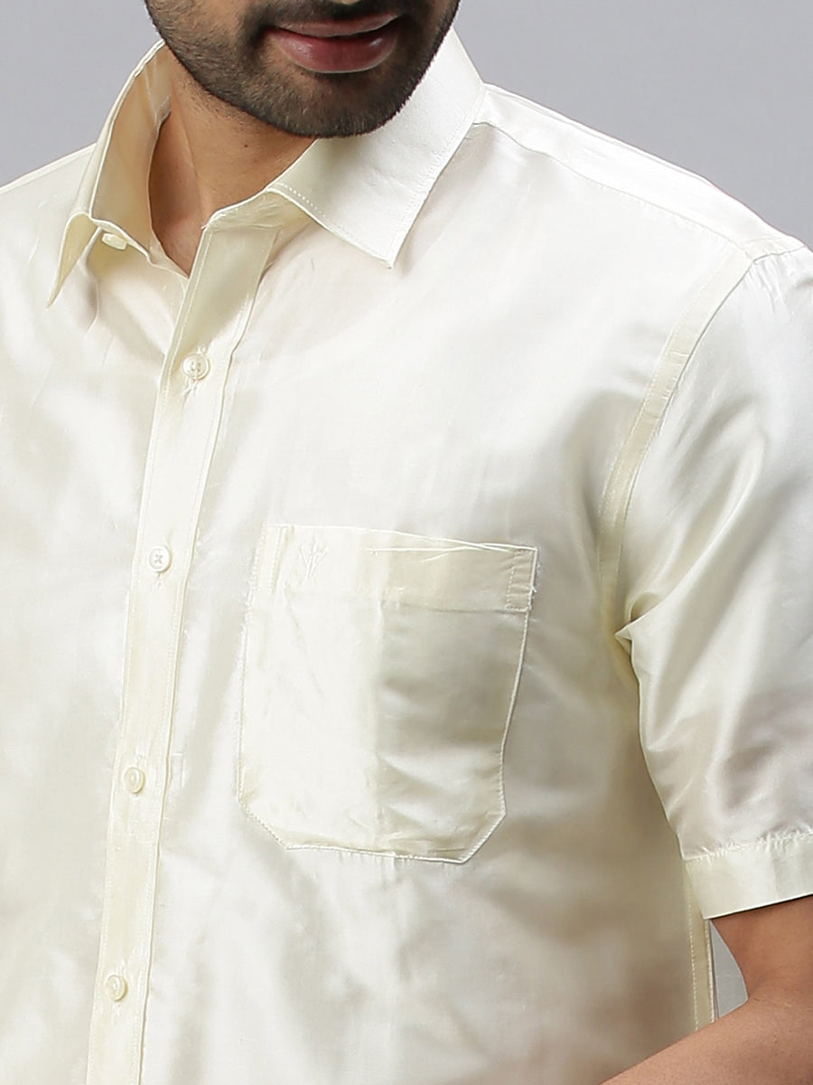 Mens Pure Silk Mixed Cream Half Sleeves Shirt-Zoom view
