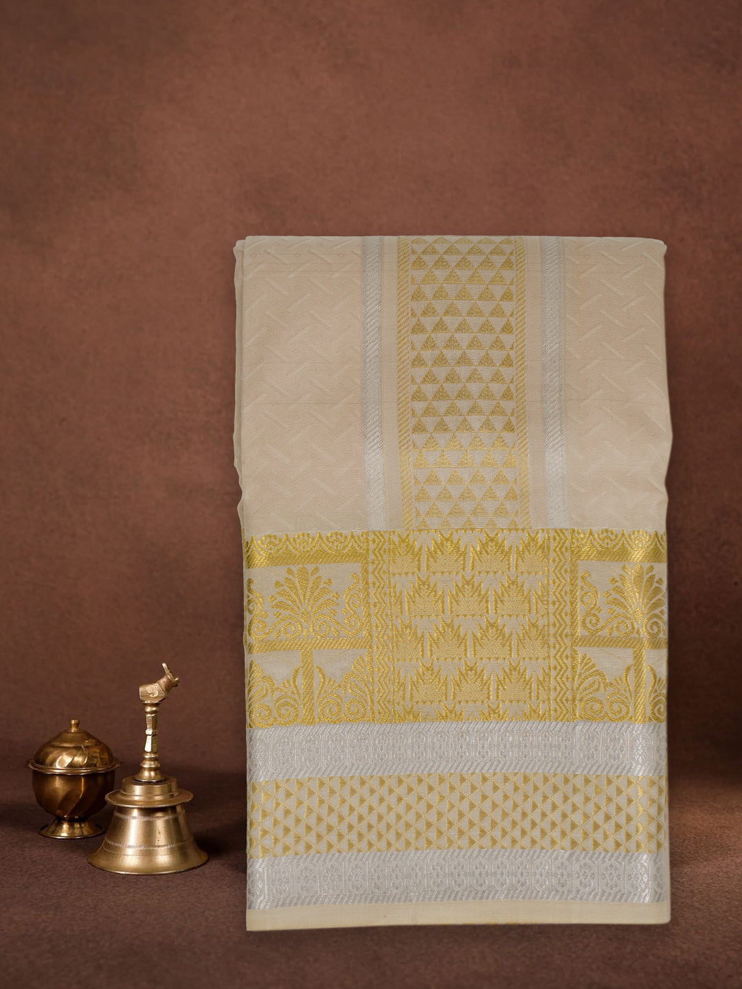 Men Pure Silk Light Peach Dhoti & Towel Set with 4" inch Fancy Jari Border TKC10