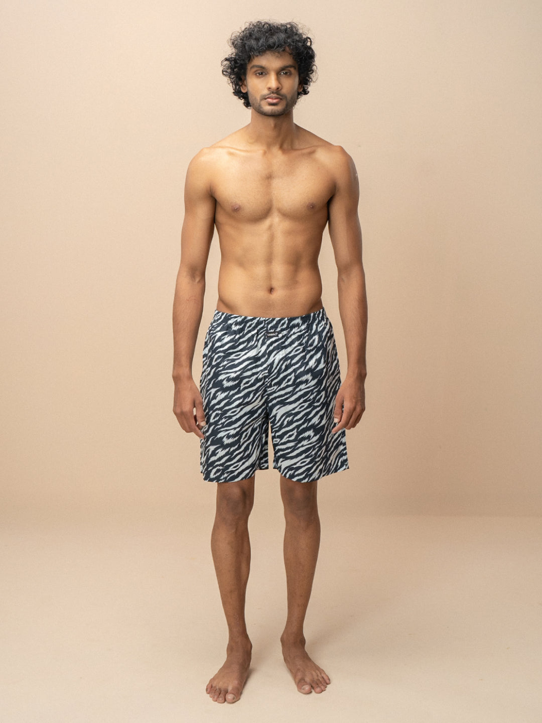 Men 100% Combed Cotton Navy Woven Printed Boxer Long Shorts WB56