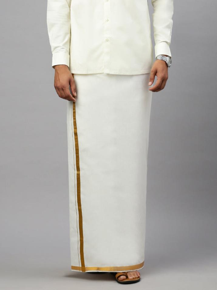 Men Cotton Blend Double Layer Cream Dhoti with 1/2" Jari Border Gold Twix