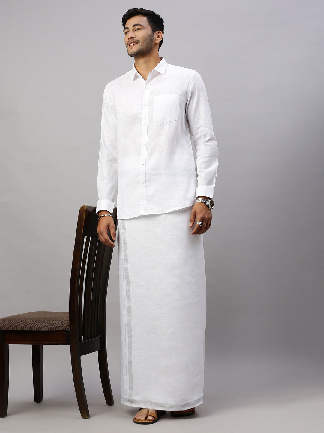 Men Pure Linen Double Layer White Dhoti with Silver Jari Border
