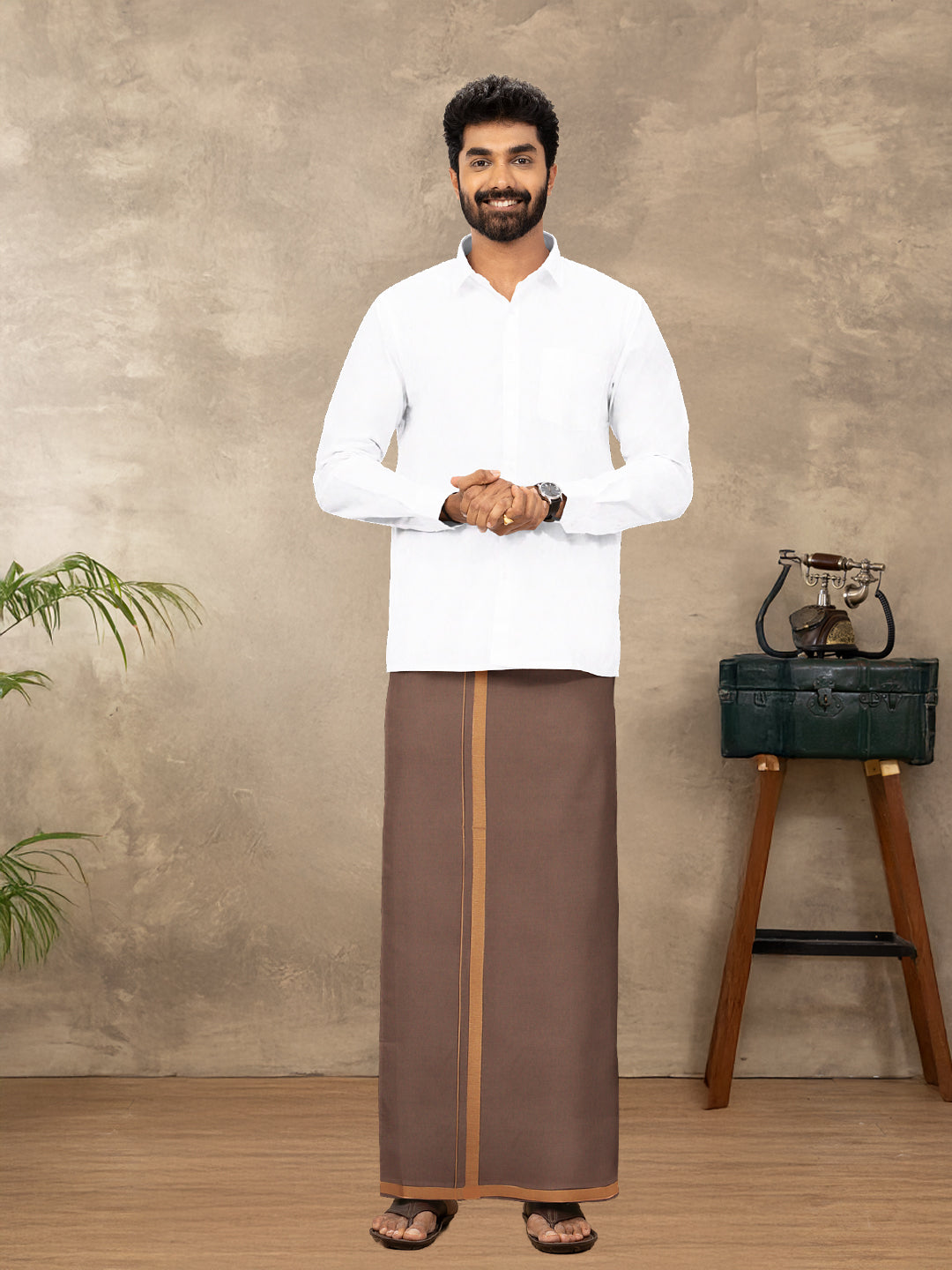 Men 100% Cotton Single Layer Brown Dhoti with Big Border Poojan