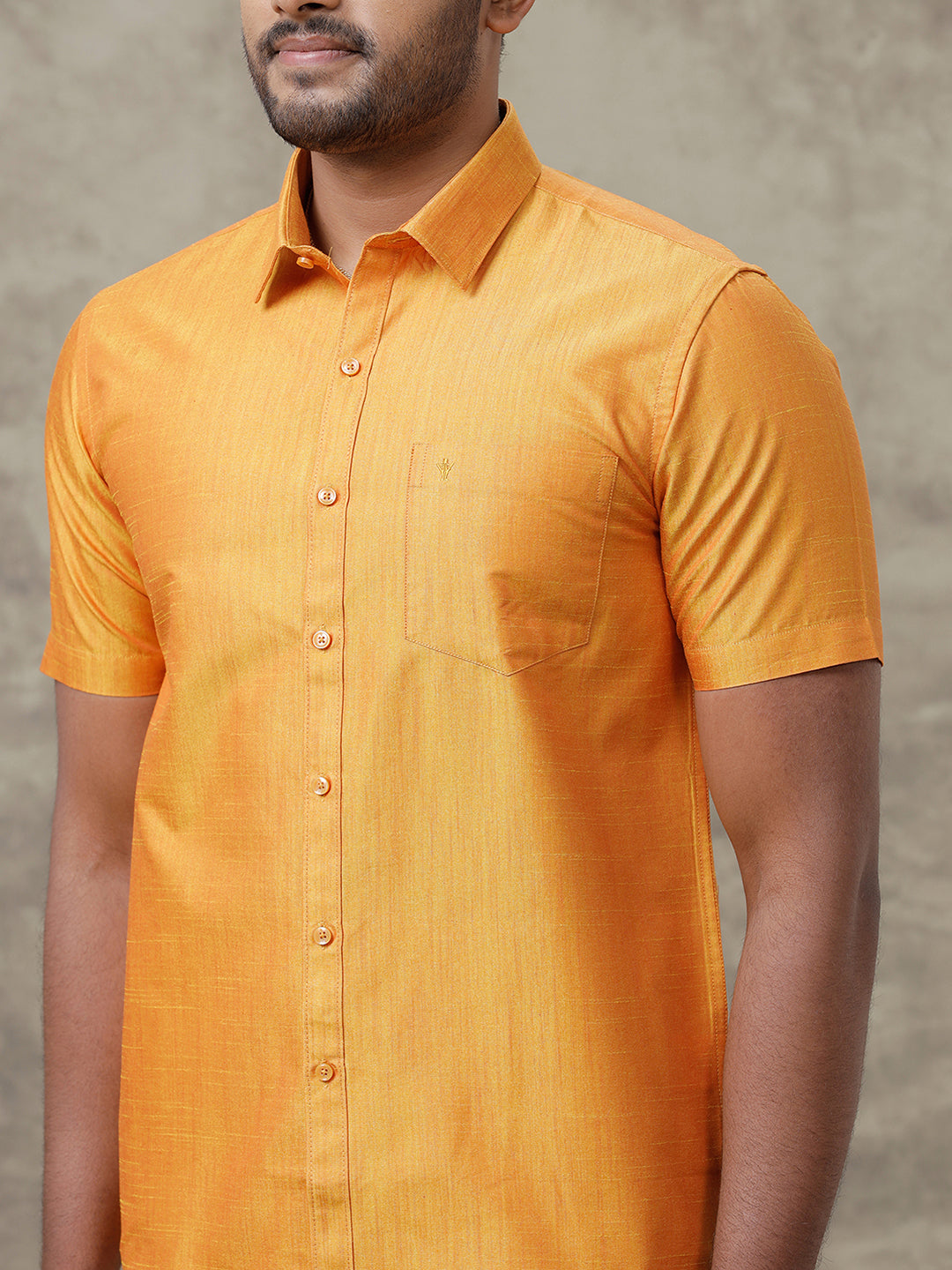 Men Cotton Blend Mustard Shirt and Tissue Dhoti Set VB2
