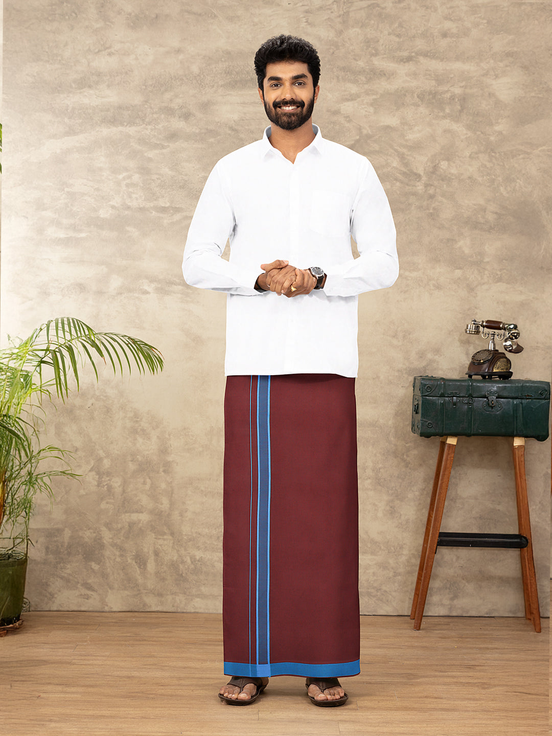 Men 100% Cotton Single Layer Dark Maroon Dhoti with Assorted Border Ahimsa