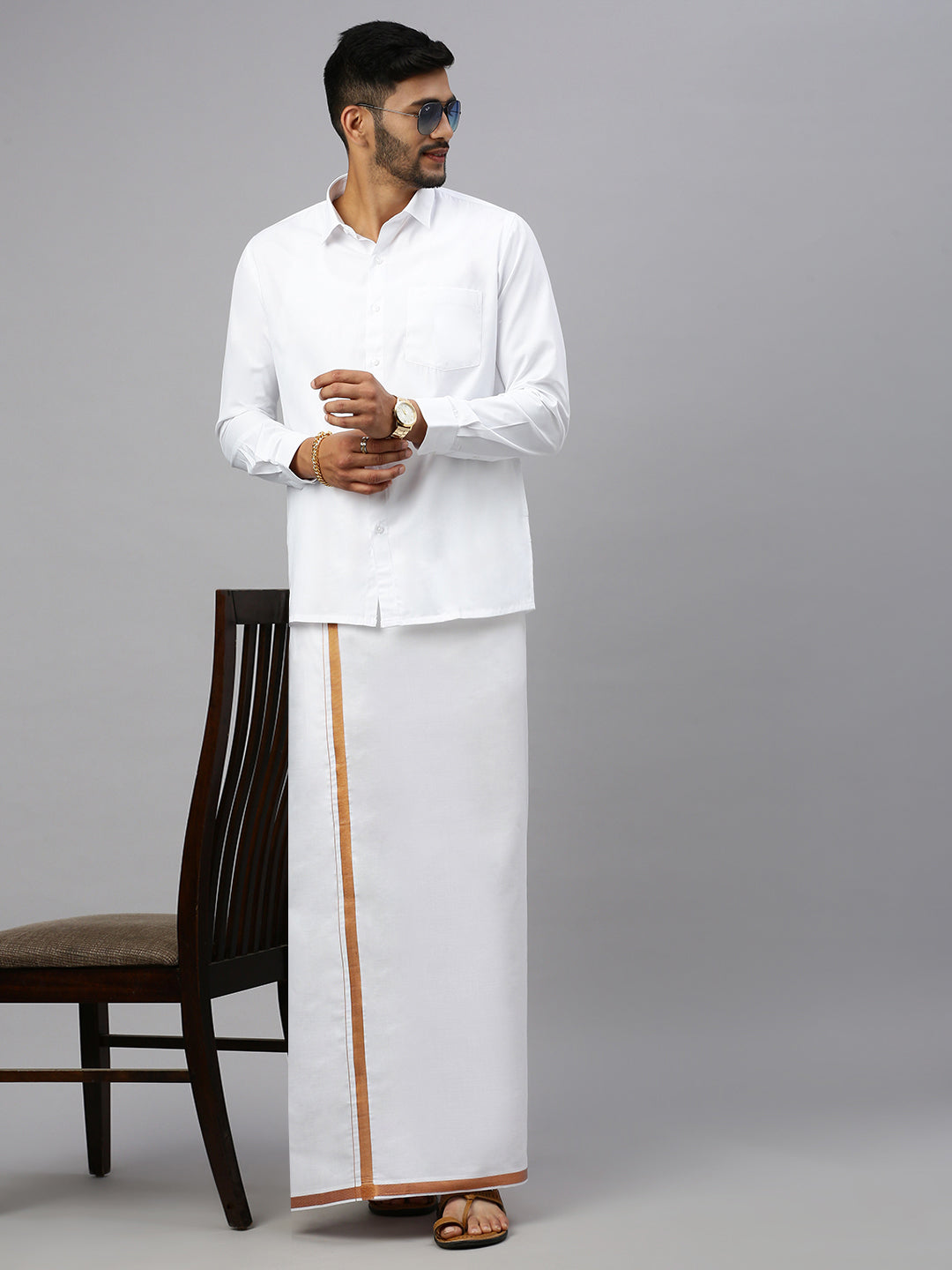 Men Cotton Blend Double Layer White Dhoti with 3/4" Copper Jari Border Mobility