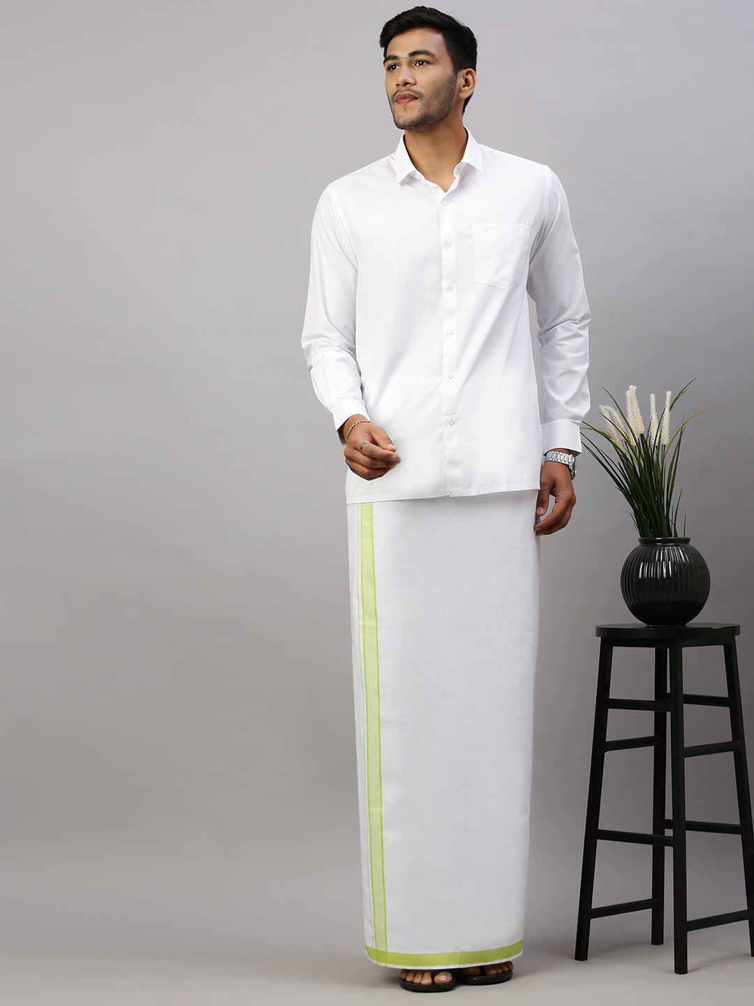 Men Cotton Blend Single Layer White Dhoti with Fancy Border WP20