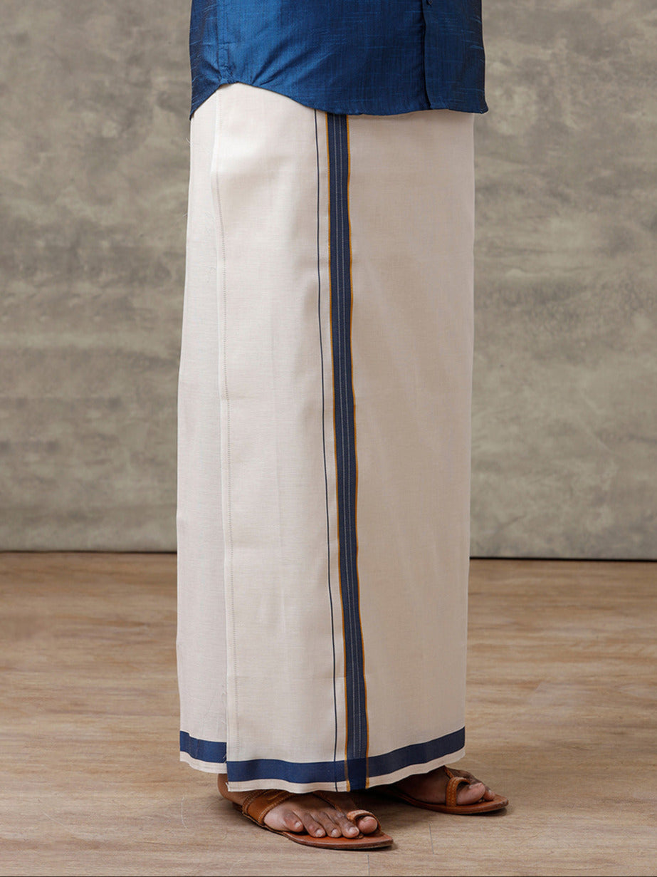 Men Cotton Blend Dark Blue Shirt and Tissue Dhoti Set VB9