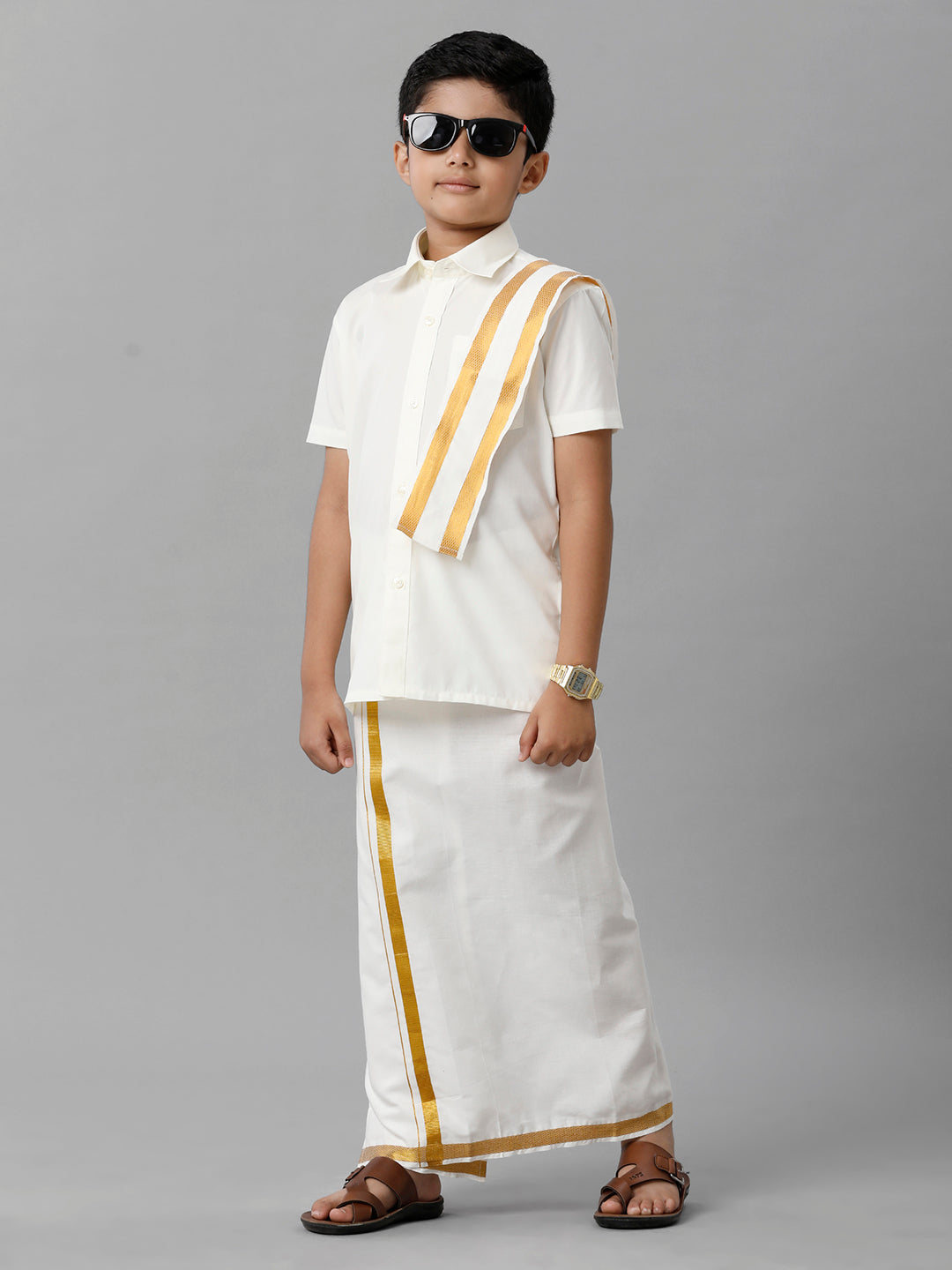 Boys Cotton Cream Half Sleeves Shirt Dhoti with Towel Set-Side view