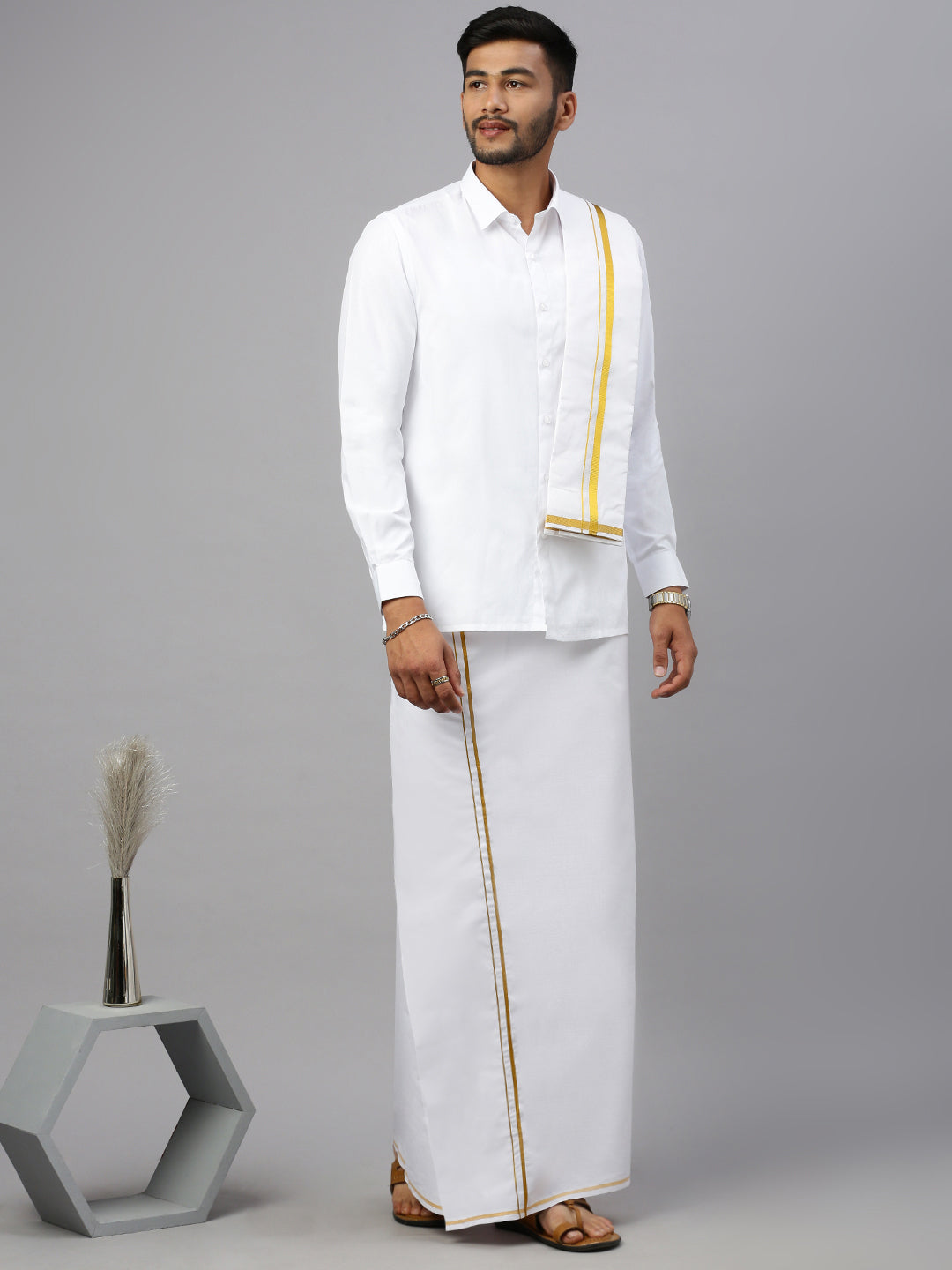 Men 100% Cotton Single Layer White Dhoti with Gold Jari Border Aruthra