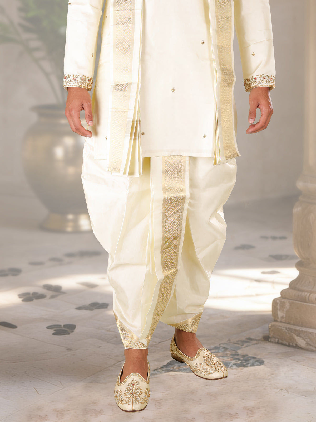 LAGNAA Premium Pure Tussar Silk Hand Embroidered Floral Motifs, Jari Dozi Cut-Dana Kurta, Panchakacham & Angavastram set | Pushpa Tilakam