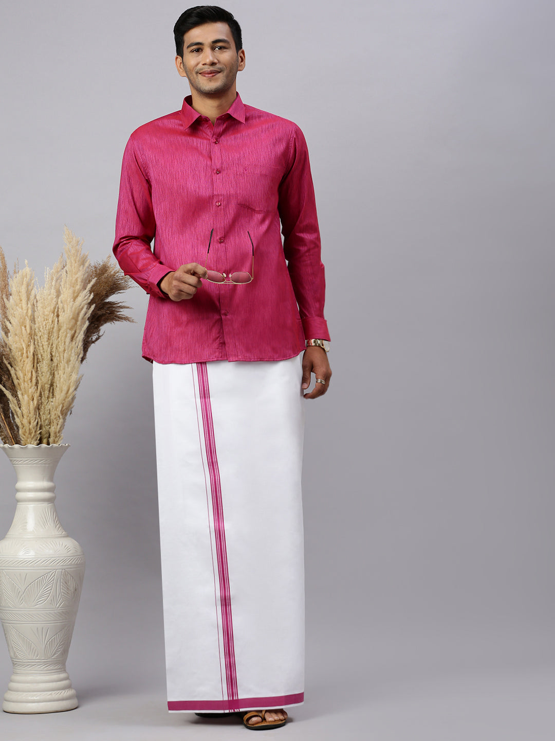 Mens Magenta Matching Border Dhoti & Full Sleeves Shirt Set CV2