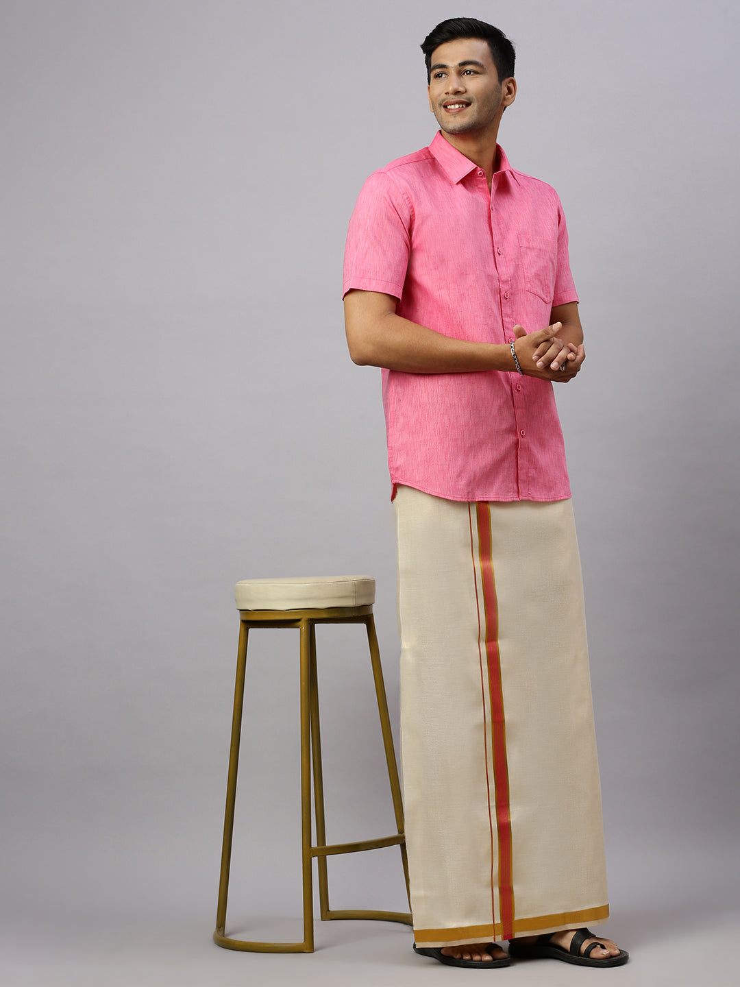 Men Cotton Rich Pink Shirt and Tissue Dhoti Set C34