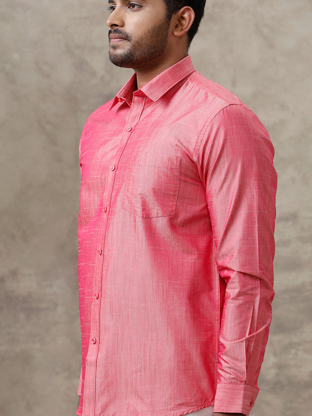 Men Cotton Blend Pink Shirt and Tissue Dhoti Set VB3