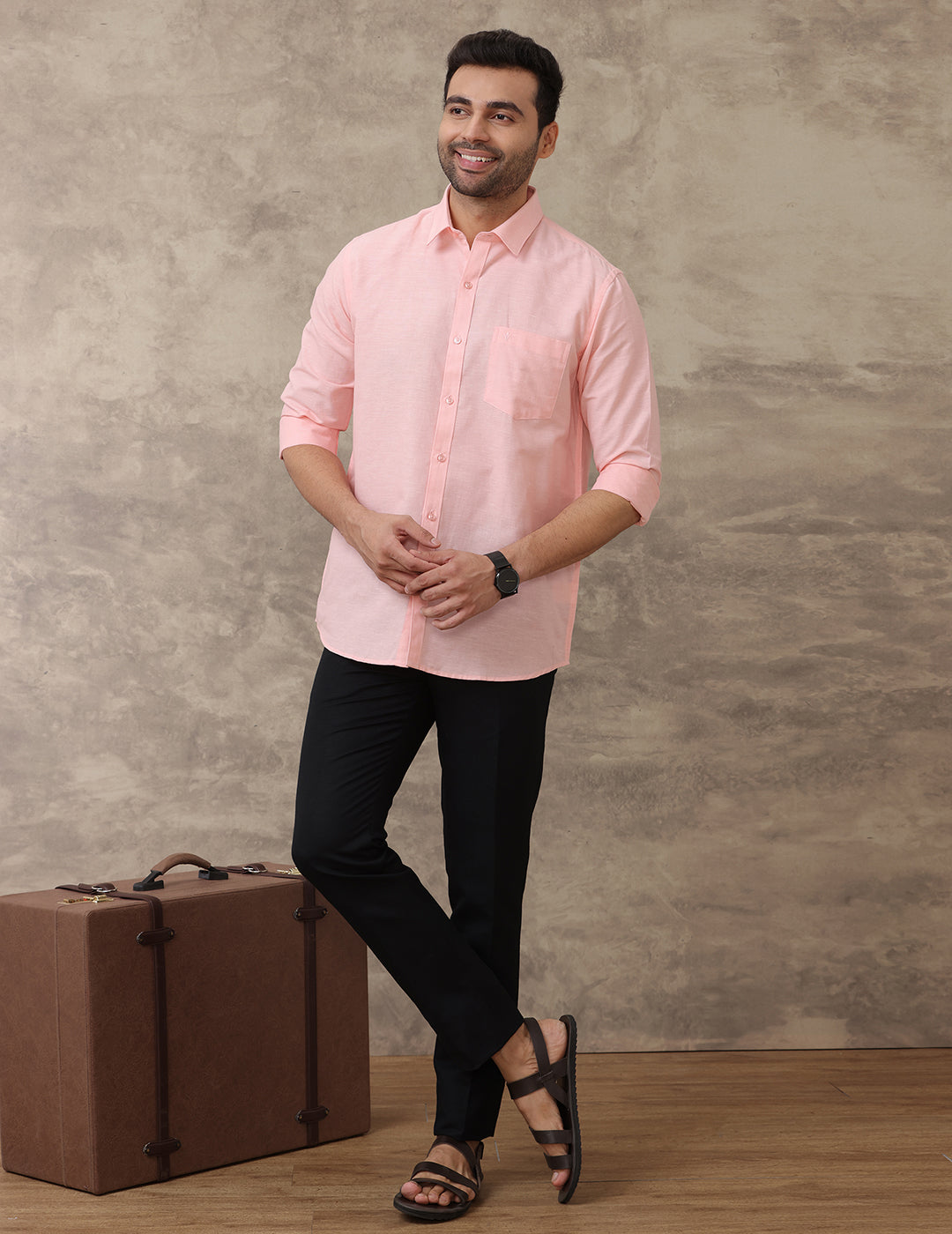 Men Linen Cotton Shirt Pinkish Orange LF16