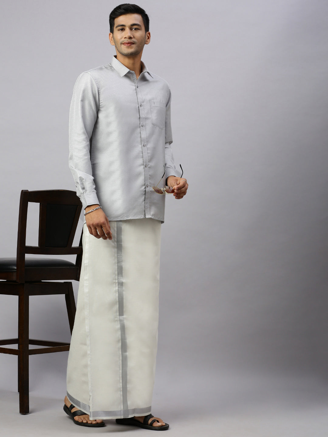 Men Cotton Rich Silver Shirt and Tissue Dhoti Set Glossy