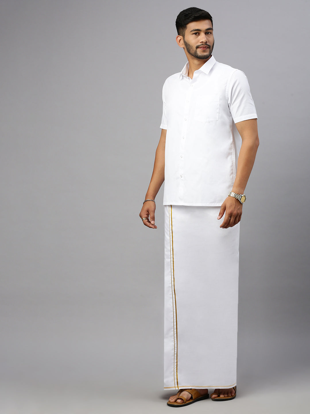 Men 100% Cotton Single Layer White Dhoti with Gold Jari Border Riktha