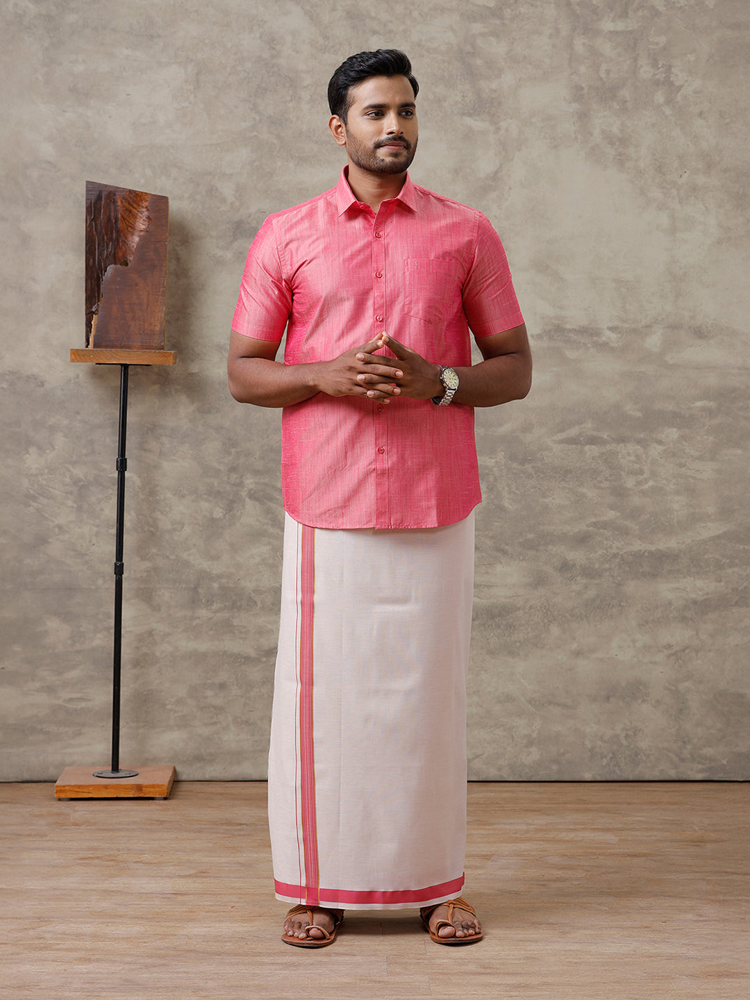 Men Cotton Blend Pink Shirt and Tissue Dhoti Set VB3