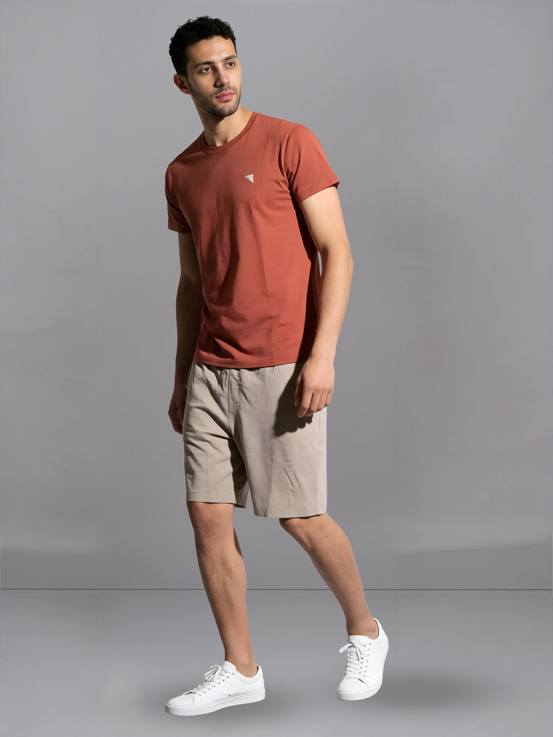 Men Orange Crew neck T-Shirt with Beige Shorts Combo ES6