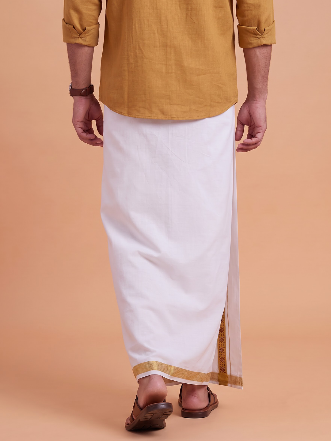 Single Layer Cotton Blend White Dhoti with Fancy Jari Border - GP05