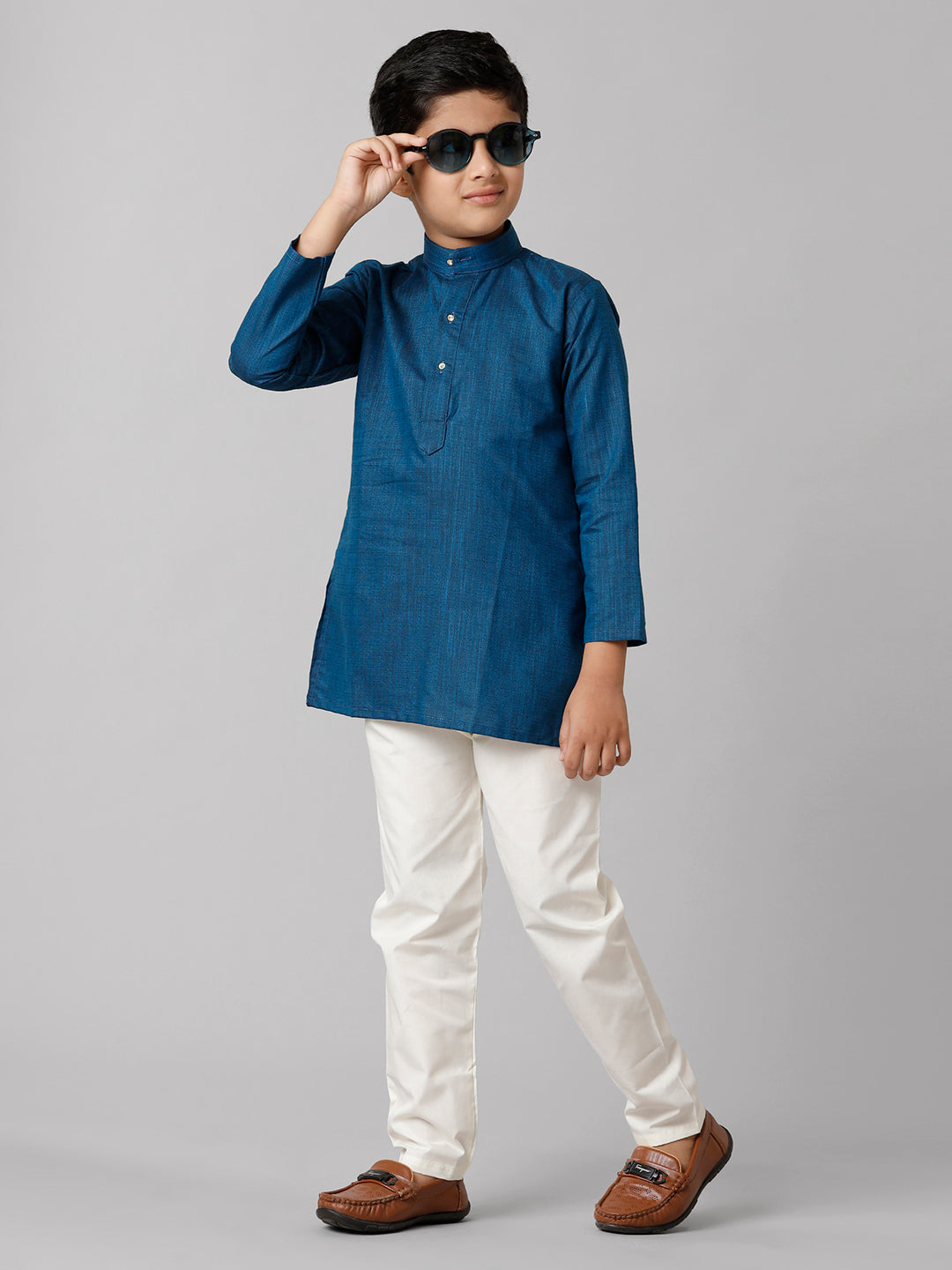 Boys Cotton Full Sleeves Navy Kurta with Cream Pyjama Pant Combo FS8-Front alternative view