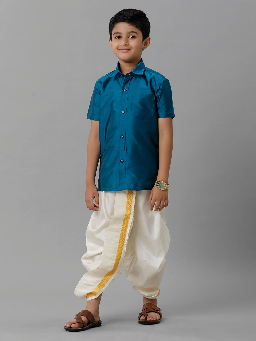Boys Ramar Blue Half Sleeves Shirt with Cream Panchakacham Set K1