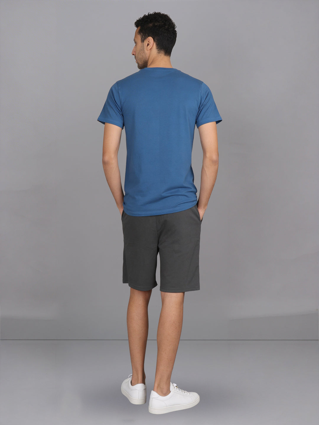 Men Petrol Blue Crew neck T-Shirt with Grey Shorts Combo ES5