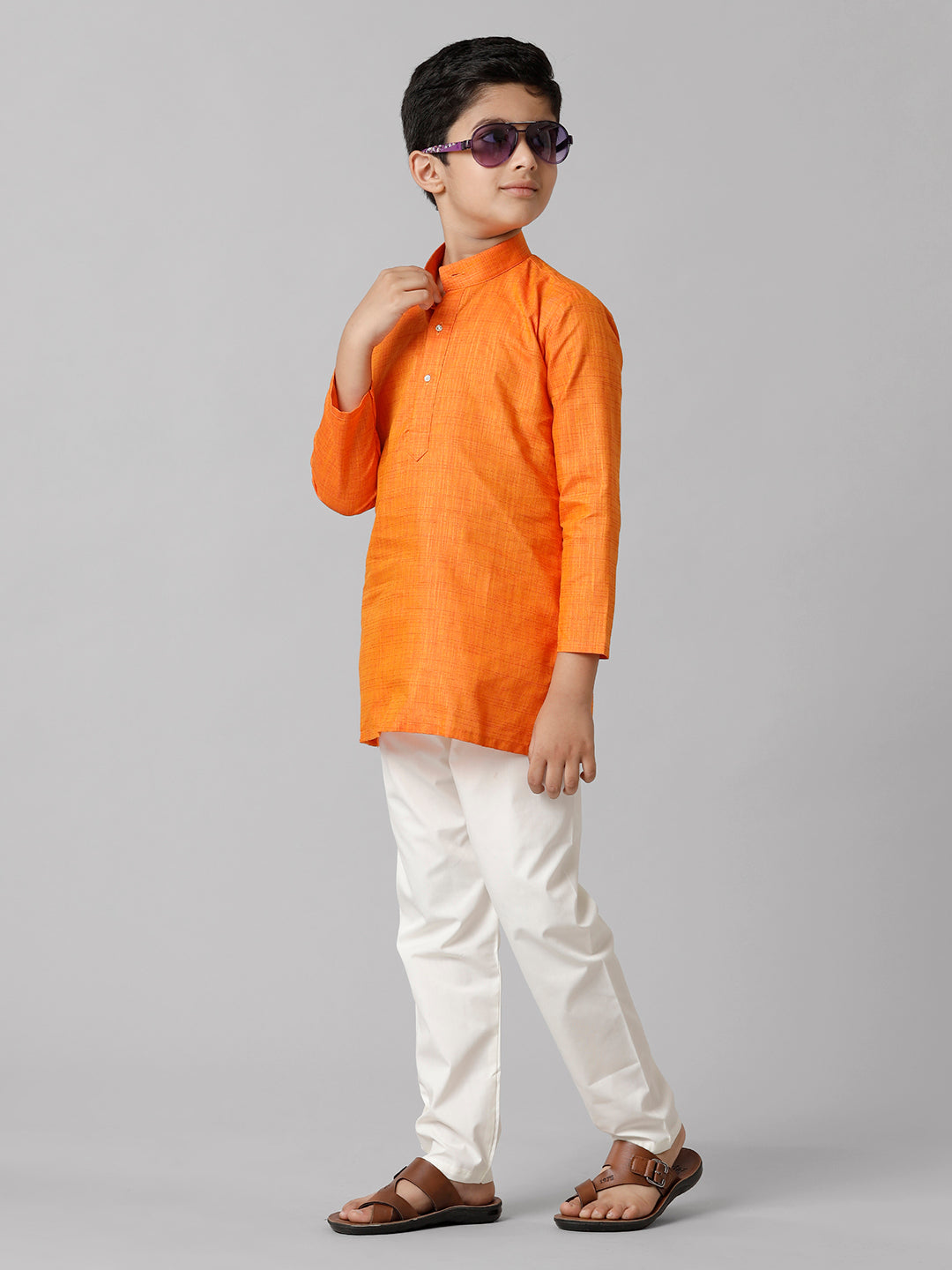 Boys Cotton Full Sleeves Orange Kurta with Cream Pyjama Pant Combo FS3-Side view