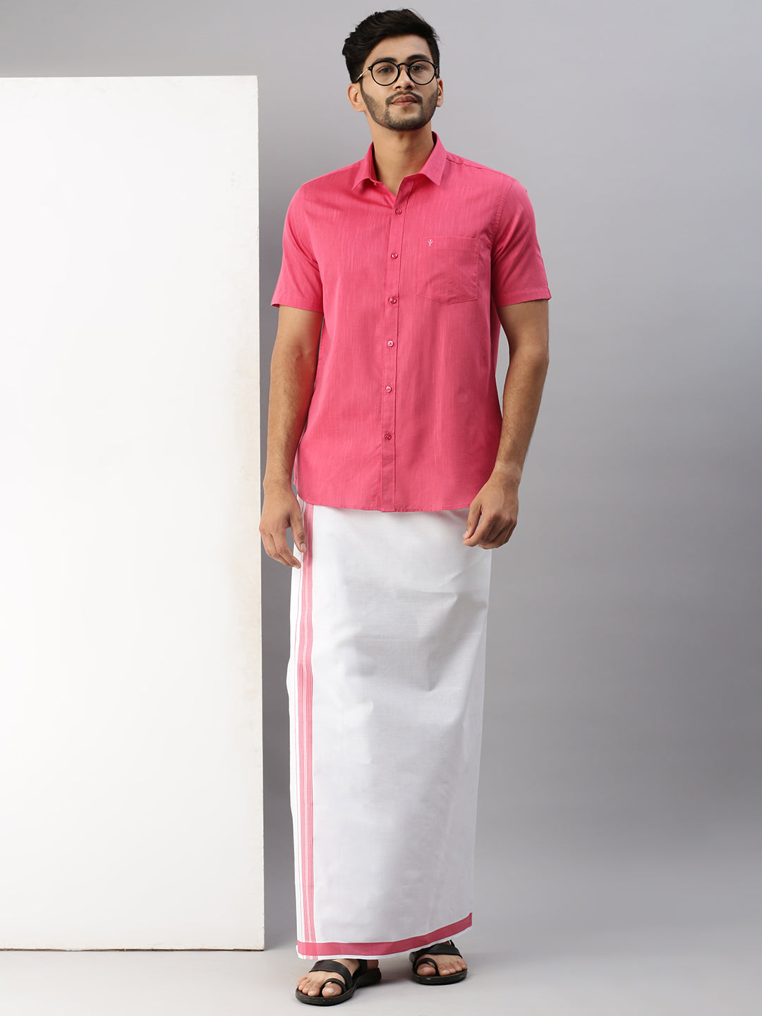 Mens Pink Matching Border Dhoti & Half Sleeves Shirt Set Evolution IC2