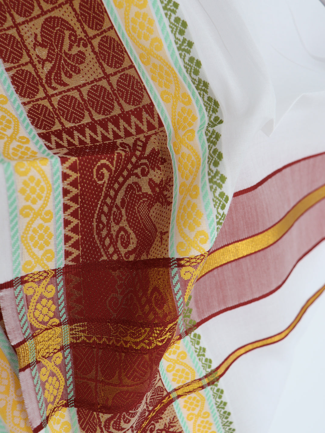 Men Cotton Maroon Fancy Border Panchakacham with Angavasthram Vishvadeva (9+5) VD04